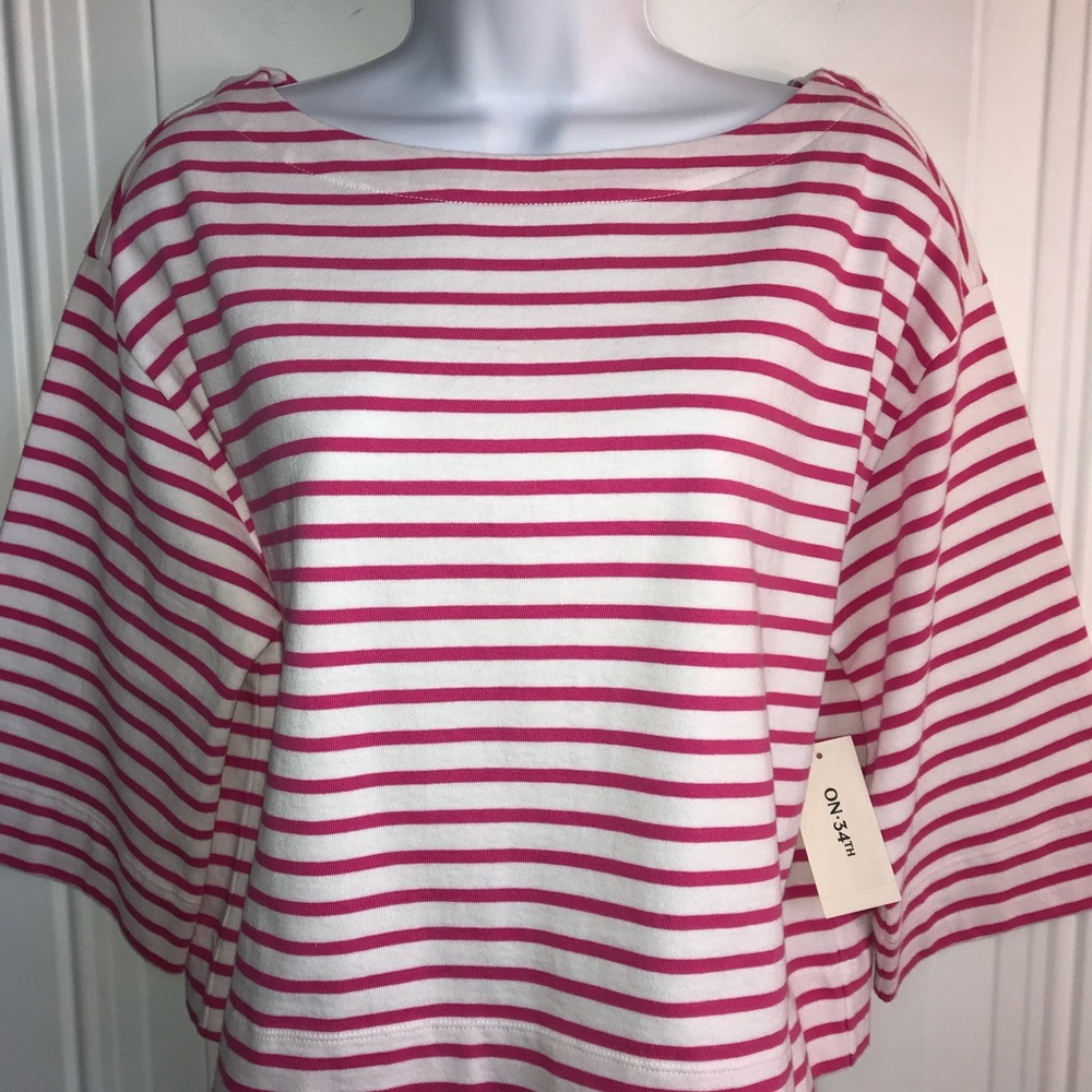 On 34th Women’s XS Cotton Fuchsia Pink Stripe boat neck wide 3/4 sleeve top NWT - Picture 4 of 13
